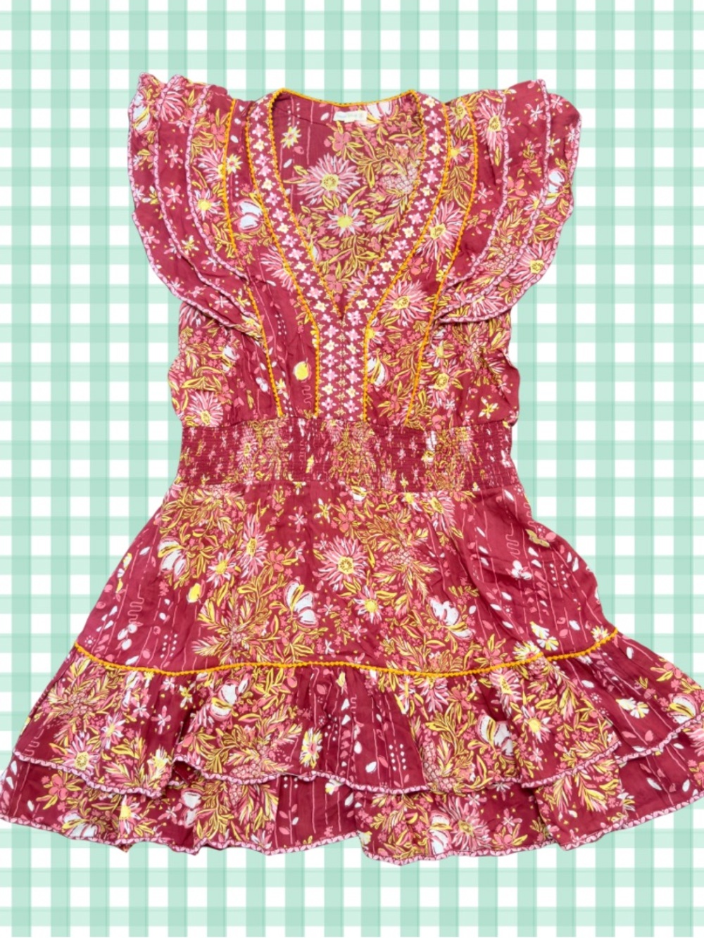 Poupette St. Barth Red Floral Mini Dress with Yellow Accents